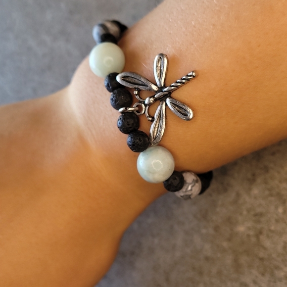Aventurine & Jasper Stone Handmade Dragonfly Lava Bead Bracelet - Picture 3 of 6